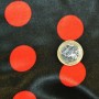 Carnival satin fabric - red polka dots on black background