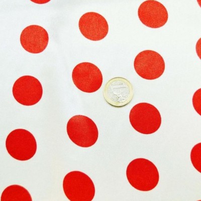 Carnival satin fabric - red polka dots on white background