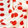 Carnival satin fabric - red polka dots on white background