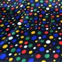 Carnival satin fabric - multicolor small polka dots on black background